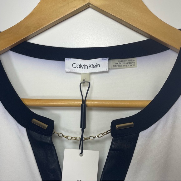 Calvin Klein Women Sleeveless White Blouse Faux Leather Trim NWT Size M - Picture 4 of 10